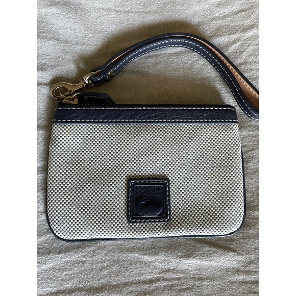 Downey And Bourke wallet wristlet Leather Trim White Cloth Navy 6/4 - Picture 1 of 7